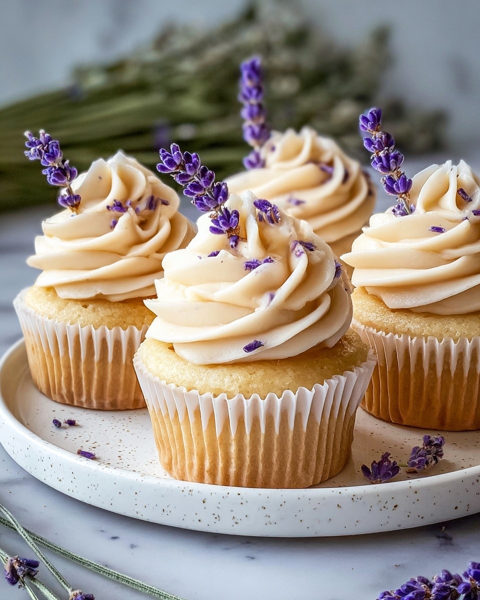 Four vanilla cupcakes with light golden brown bases wrapped in white paper liners sit on a white speckled plate. Each cupcake is topped with a thick swirl of creamy, pale beige frosting, with smooth and soft texture shaped in a circular rose pattern. Small purple dried lavender petals are scattered on the frosting, and a small bunch of lavender flowers is placed on top of each cupcake. Some lavender sprigs lie on the white marbled surface around the plate, and the background is softly blurred, showing greenish lavender stems. photo taken with an iphone --ar 4:5 --v 7