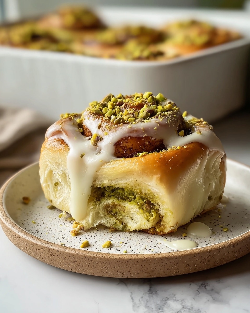 A close-up of a single cinnamon roll with a glossy, golden brown top layer, generously coated with creamy white icing dripping down the sides, and sprinkled with crushed green pistachios. Inside the roll, layers of soft, fluffy dough spiraled with a vibrant green pistachio filling. The roll sits on a simple white plate with a speckled texture, placed on a white marbled surface. In the blurred background, a white baking dish holds more cinnamon rolls. Photo taken with an iphone --ar 4:5 --v 7