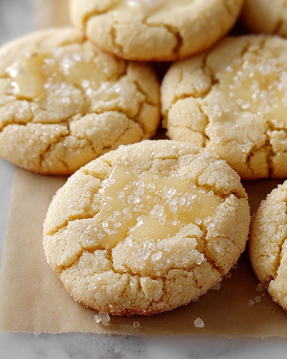 The image shows several round cookies with a light golden-brown color, cracked texture, and a rough surface sprinkled with large sugar crystals. The cookies have a slightly uneven, bumpy look with some visible drizzles or melted sugar on top. They are arranged close together on a sheet of parchment paper placed on a white marbled surface. The cookies appear soft and slightly chewy with a sugary crust. photo taken with an iphone --ar 4:5 --v 7