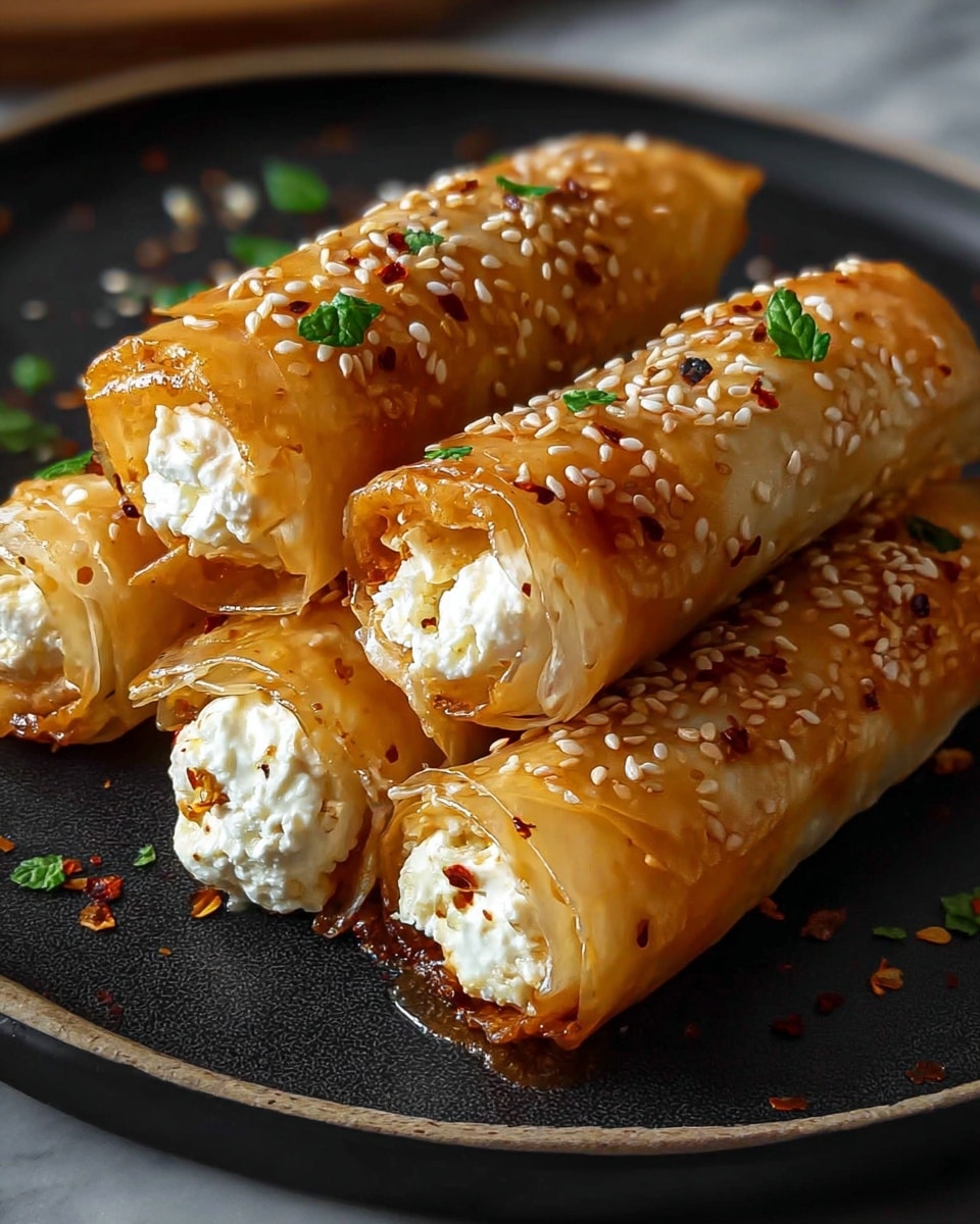 The image shows four golden brown rolled pastries with a shiny and crispy outer layer, sprinkled with white sesame seeds and small green herb leaves on top. Each pastry is filled with white, creamy cheese visible at the open ends, with some reddish spices scattered on the surface. They are placed closely together on a dark round plate with a white marbled texture underneath, giving a warm and appetizing look. photo taken with an iphone --ar 4:5 --v 7