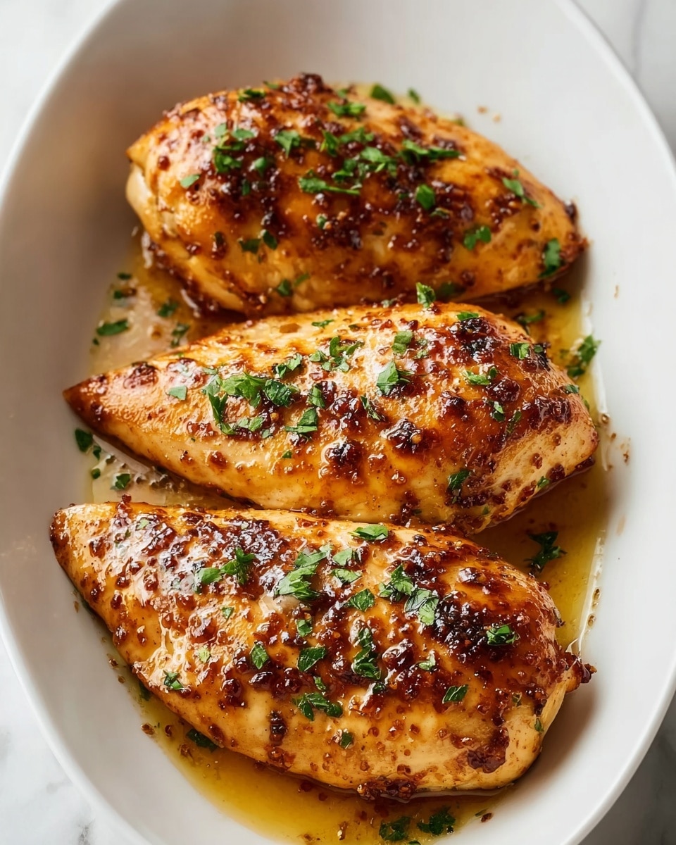 Three pieces of cooked chicken breast are placed side by side in a white dish. Each piece has a golden-brown color with a shiny, glazed texture and dark browned spots from the cooking process. Small pieces of green herbs are sprinkled on top and around the chicken, adding a touch of freshness. The chicken looks juicy with some oil or sauce pooled lightly at the bottom. The dish rests on a white marbled surface. photo taken with an iphone --ar 4:5 --v 7