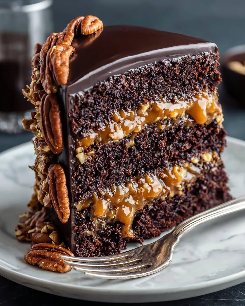 A tall slice of three-layer dark chocolate cake sits on a white plate, each layer separated by thick, chunky caramel filling with visible nut pieces. The entire outside is coated with a smooth, glossy dark chocolate ganache, which also covers the top evenly. Large pecan halves are pressed into the ganache around the side of the cake slice, adding texture and contrast. The plate rests on a white marbled surface with a silver fork placed beside the cake. photo taken with an iphone --ar 4:5 --v 7