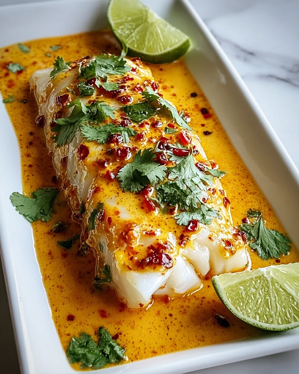 A white piece of cooked fish with a soft flaky texture sits at the center of a rectangular white plate. The fish is covered with an orange, creamy sauce that has small red chili flakes and a few black specks. Bright green cilantro leaves are scattered on top of the fish and around it on the plate. Two lime wedges rest near the fish on the right side of the plate. The plate is set against a white marbled texture background. photo taken with an iphone --ar 4:5 --v 7