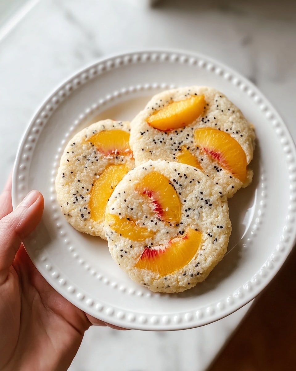 Three round cookies sit on a white plate with a raised dotted pattern along the edge, held by a woman's hand. Each cookie has a soft, light beige base with a slightly crumbly texture. Embedded in the cookies are bright orange peach slices that add a juicy contrast, along with scattered black and white seeds that give a speckled effect across the surface. The cookies are arranged to overlap slightly, showing their uniform thickness and moist texture. The scene is set on a white marbled surface, giving a clean and bright feel. photo taken with an iphone --ar 4:5 --v 7