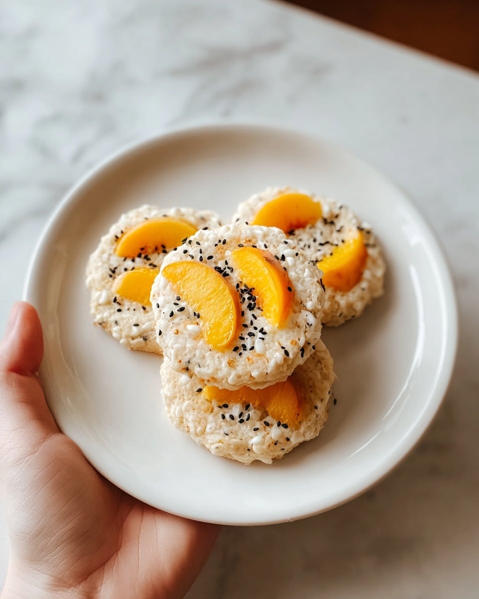 Three round cookies sit stacked on a white plate held by a woman's hand. Each cookie has a pale beige base with a slightly rough texture, mixed with small white puffed bits. On the top of the cookies are bright orange slices of peach, arranged in two or three pieces per cookie. Black and white sesame seeds are scattered across the surface, adding contrast and detail. The plate rests against a white marbled texture background. Photo taken with an iphone --ar 4:5 --v 7