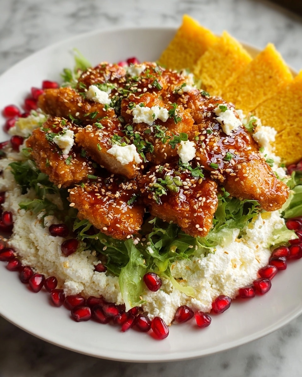The dish is served on a white plate with a white marbled background. At the base, there is a layer of fresh green leafy lettuce mixed with small bright red pomegranate seeds scattered around. Above this base, there is a thick layer of white, crumbly cheese spread generously. On top of the cheese sit several pieces of golden-brown crispy chicken, glazed with a shiny, reddish-brown sauce and sprinkled with finely chopped green herbs and sesame seeds. Small chunks of white cheese are scattered on top of the chicken. To the side of the plate, three pieces of bright yellow cornbread or similar baked item add a contrasting color. photo taken with an iphone --ar 4:5 --v 7