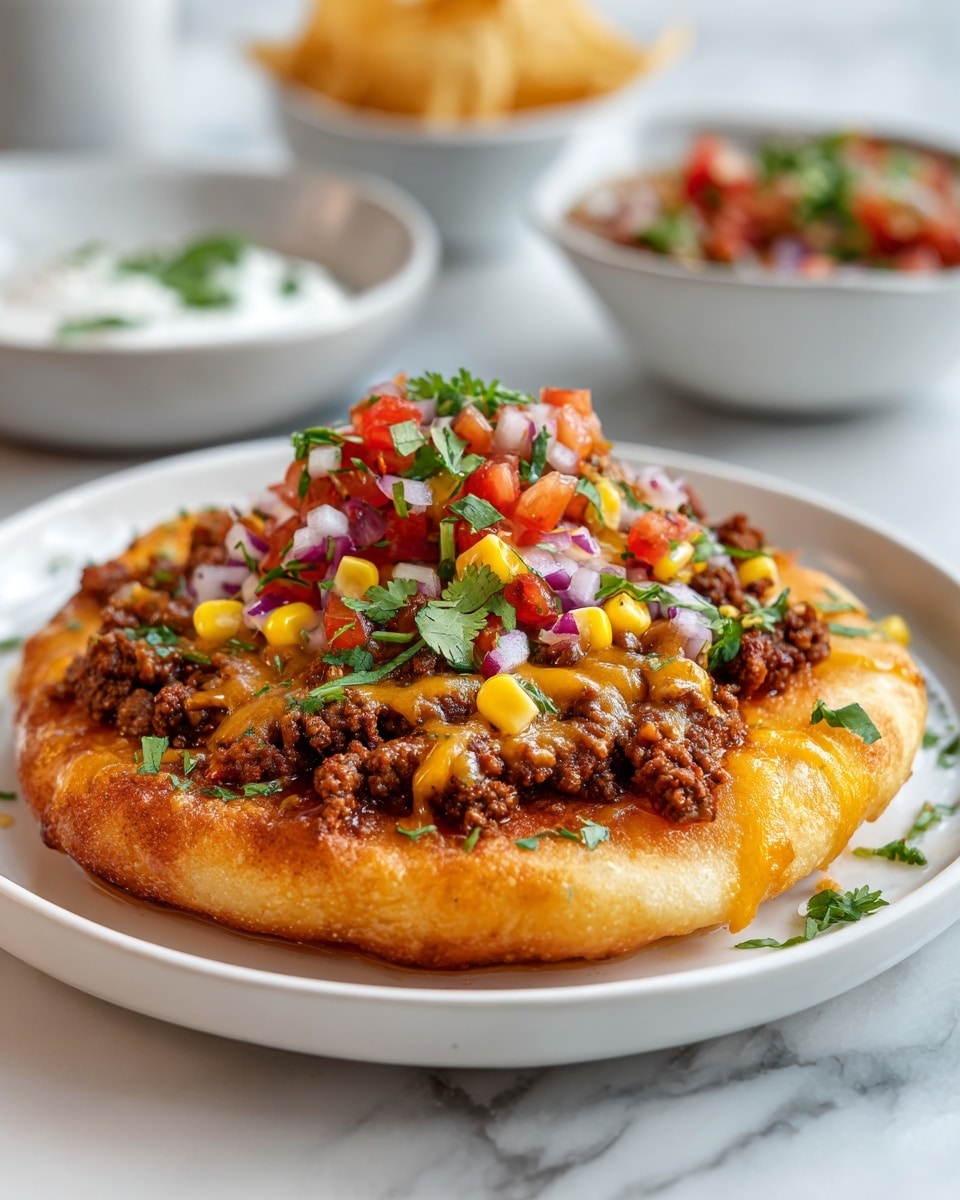 This dish shows a deep-fried, golden brown flatbread base with a puffy, slightly crispy texture. On top, there is a thick layer of cooked ground beef that looks juicy and well-seasoned, covered by melted orange cheddar cheese spreading across the beef. Over the cheese, there's a fresh topping made of small diced red tomatoes, white onions, yellow corn kernels, and green cilantro scattered evenly, adding bright colors and a fresh look. The dish sits on a white plate on a white marbled surface, and in the background, there are blurred bowls with chips and a creamy white dip. photo taken with an iphone --ar 4:5 --v 7