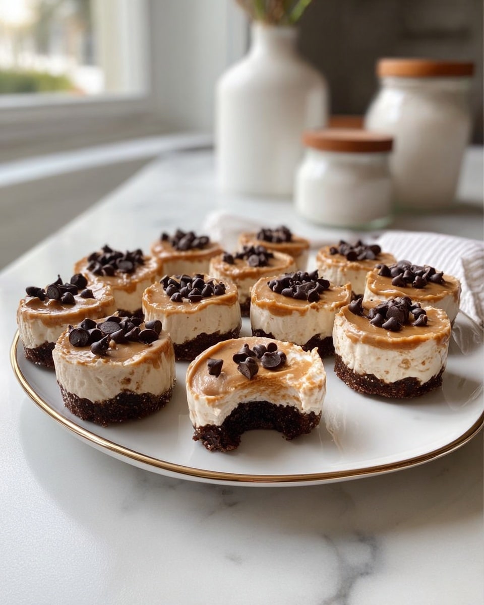 A white plate with a gold rim holds ten small dessert cups arranged loosely in rows. Each dessert has three layers: a dark brown crumbly base, a thick middle layer of creamy off-white filling, and a top layer of light caramel-colored spread, sprinkled with small dark brown chocolate chips. One dessert in the front has a bite taken out, showing the three layers clearly. The plate sits on a white marbled surface, with two white jars with brown lids and a white vase in soft focus behind it, along with a window letting in natural light. photo taken with an iphone --ar 4:5 --v 7