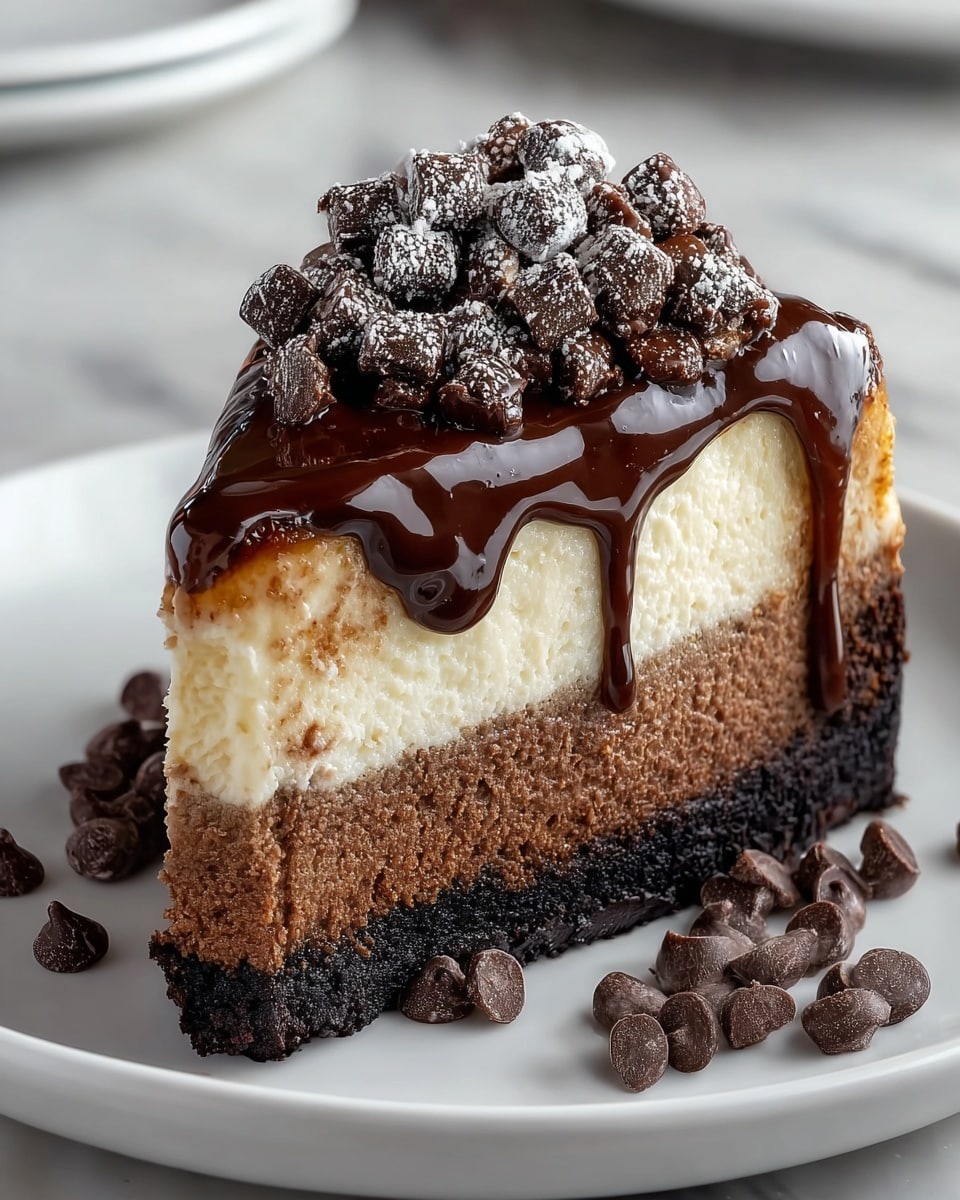 A slice of cake shows four layers on a white plate with chocolate chips around the base. The bottom layer is dark and crumbly, forming a thick crust. Above it is a dense, rich brown chocolate cake layer. The third layer is creamy and light beige in color, smooth and thick. On top, glossy dark brown chocolate sauce drips down the sides, covering a pile of small chocolate chunks dusted with powdered sugar. The plate sits on a white marbled texture. Photo taken with an iphone --ar 4:5 --v 7
