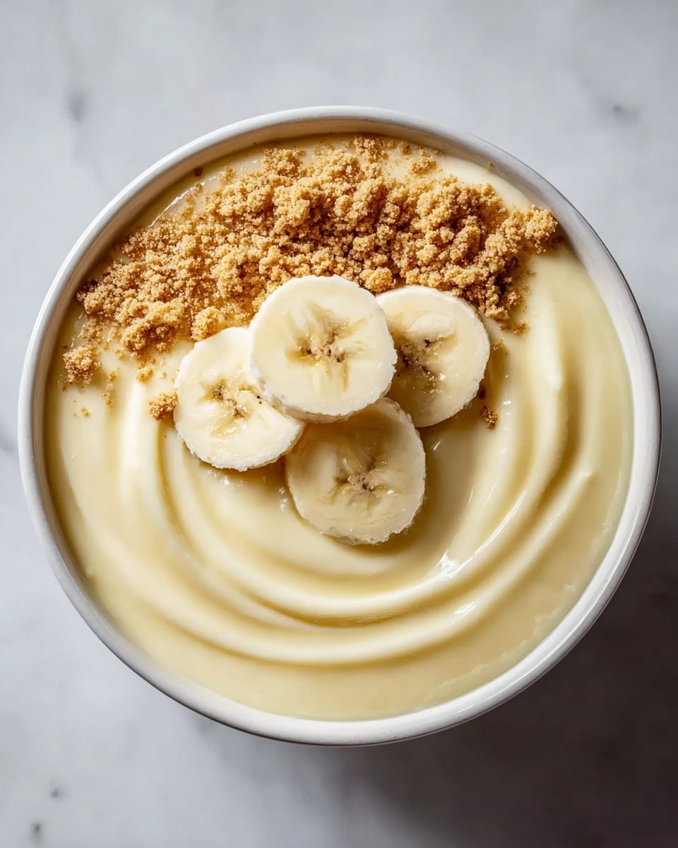 A white bowl filled with smooth, pale yellow pudding that has a creamy texture with small swirls on the surface; on top, there is a layer of crumbly, light brown biscuit crumbs spread in the center, and three round banana slices with a soft off-white color and light brown spots are neatly placed in a cluster right in the middle. The bowl sits on a white marbled background. photo taken with an iphone --ar 4:5 --v 7
