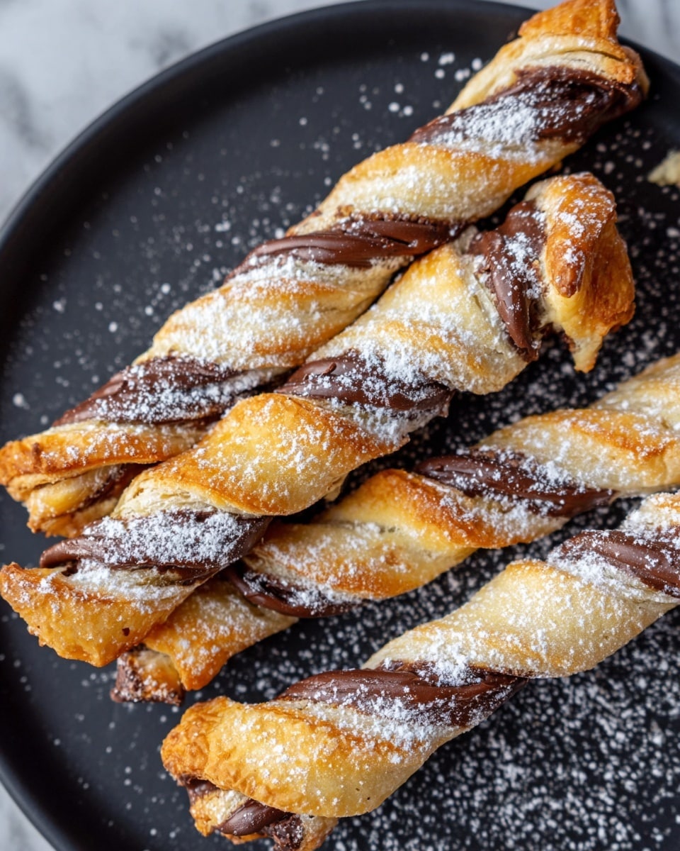 The image shows several twisted pastries with a golden-brown, flaky outer layer, entwined with a darker chocolate filling visible in the folds. Each pastry has two main layers: the crispy light layer and the rich dark chocolate layer, twisted together to create a spiral effect. The pastries are sprinkled with fine powdered sugar, evenly dusted across the surface. They sit on a dark slate background that should be imagined as a white marble texture for the prompt. Photo taken with an iphone --ar 4:5 --v 7