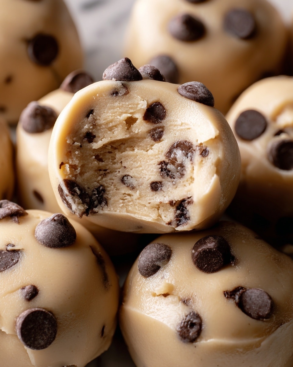 The image shows several round, creamy beige cookie dough bites studded with dark chocolate chips, piled closely together on a white marbled surface. The main focus is a single bite with a smooth top layer dotted with semi-sweet chocolate chips, one of which is at the very top center. Just below this, the inside reveals a thick, soft cookie dough texture in a similar beige color, appearing moist and dense. The chocolate chips are scattered throughout the top layer and inside the dough, adding rough, dark brown spots that contrast with the creamy beige. The surface of the dough bite has a soft sheen, making it look fresh and rich. photo taken with an iphone --ar 4:5 --v 7