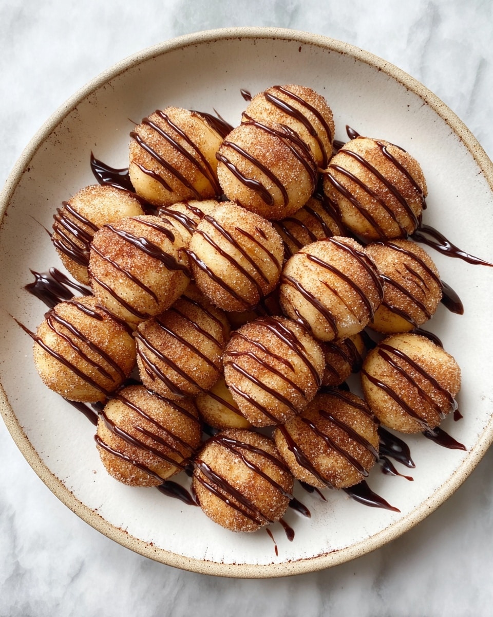 A white plate holds a pile of round, golden-brown cookies with a slightly rough texture covered in cinnamon sugar. Each cookie is arranged in layers, forming a small mound towards the center of the plate. The cookies are generously drizzled with shiny, dark chocolate sauce that contrasts with the warm color of the cookies, creating vertical stripes and small puddles around them. The plate sits on a white marbled surface, with a soft warm candle light glowing in the blurred background, adding a cozy feel to the scene. photo taken with an iphone --ar 4:5 --v 7