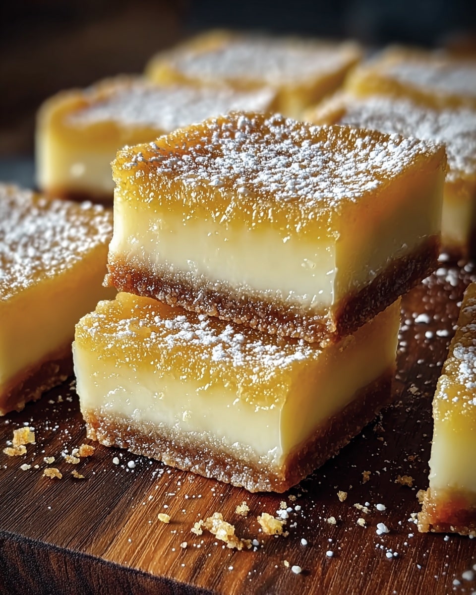 The image shows square-shaped dessert bars arranged closely on a wooden surface with a white marbled background. Each bar has three clear layers: the bottom layer is a thin, crumbly brown crust, the middle layer is thick, smooth, and creamy white, and the top layer is a thin, golden-brown caramelized crust sprinkled lightly with powdered sugar. The top surface has a slightly shiny, textured look with small, glazed spots. Some small crumbs and powdered sugar are scattered around the base of the bars. Photo taken with an iphone --ar 4:5 --v 7