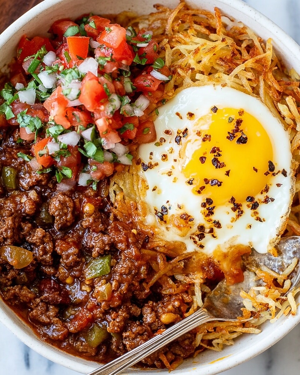 A close-up view of a white bowl filled with a layered dish starting from the bottom with crispy golden-brown hash browns that have thin, shredded pieces overlapping with a crunchy texture. On top of the hash browns, there is a layer of chunky ground beef chili in a reddish-brown sauce with bits of diced onions and green peppers mixed in. Beside the chili, there is a fresh heap of pico de gallo made of finely chopped red tomatoes, white onions, and green peppers, adding a fresh and colorful touch. Resting on top on one side, a sunny-side-up egg with a bright yellow yolk and white edges, sprinkled with small bits of dark chili flakes. A silver spoon is partially immersed in the chili on the right side. The whole dish sits on a white marbled surface. photo taken with an iphone --ar 4:5 --v 7