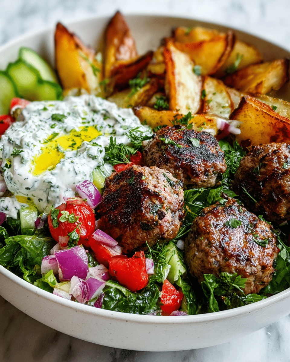 A white bowl holds a colorful dish with several layers: at the bottom is a bed of chopped green leafy lettuce mixed with small diced red tomatoes and purple onion pieces. On top, there are golden-brown roasted potato wedges scattered around the bowl. Three grilled meatballs with a browned, slightly charred texture sit prominently near the front. A dollop of white creamy sauce with green herb bits and a drizzle of yellow olive oil rests beside the meatballs. Pieces of bright green cucumber are placed near the back, adding fresh color. The bowl is set against a white marbled surface. Photo taken with an iphone --ar 4:5 --v 7