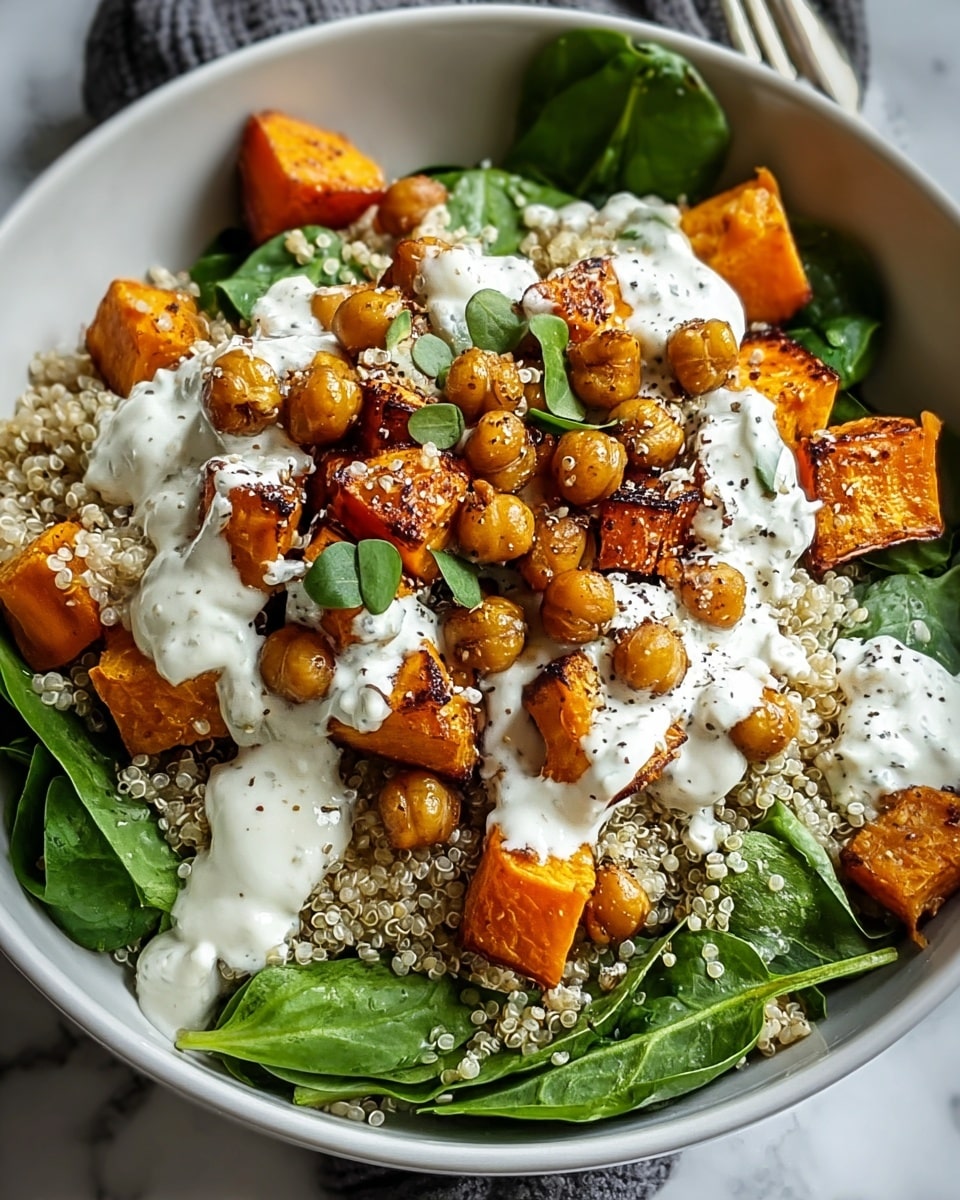 A white bowl sits on a white marbled texture, filled with a fresh salad showing four main layers. The bottom layer is green fresh spinach leaves covering the base. Above this, there are small white quinoa grains sprinkled lightly. The next layer has roasted orange sweet potato cubes, some with a slight char, and golden brown chickpeas scattered evenly around. On top, there is a white creamy sauce generously drizzled, dotted with a few pellets of quinoa, and small green herb leaves adding a fresh touch. Photo taken with an iphone --ar 4:5 --v 7