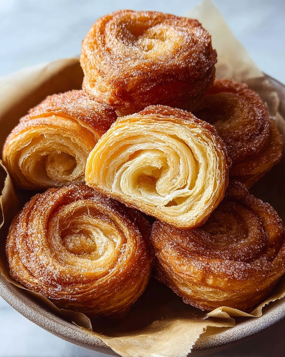 A bowl lined with parchment paper holds six golden brown spiral pastries with a crisp, flaky texture and visible layers. Two pastries are cut in half at the front, showing multiple thin, soft, buttery layers with a light yellow color inside. The outer surfaces are dusted with a fine sprinkle of sugar and cinnamon, adding a slightly rough and sparkling finish. The bowl rests on a white marbled surface, and soft natural light highlights the warm tones and layered details of the pastries. Photo taken with an iphone --ar 4:5 --v 7