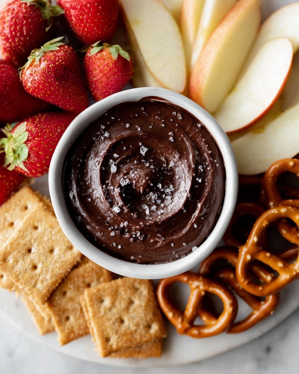 A small white bowl holds thick, dark chocolate dip with a smooth, creamy texture and a swirl pattern on top, sprinkled with coarse salt crystals. Around the bowl on a white marbled surface are fresh red strawberry halves with green leaves, pale cream-colored apple slices, golden-brown pretzels, and light tan graham crackers, all arranged neatly. photo taken with an iphone --ar 4:5 --v 7