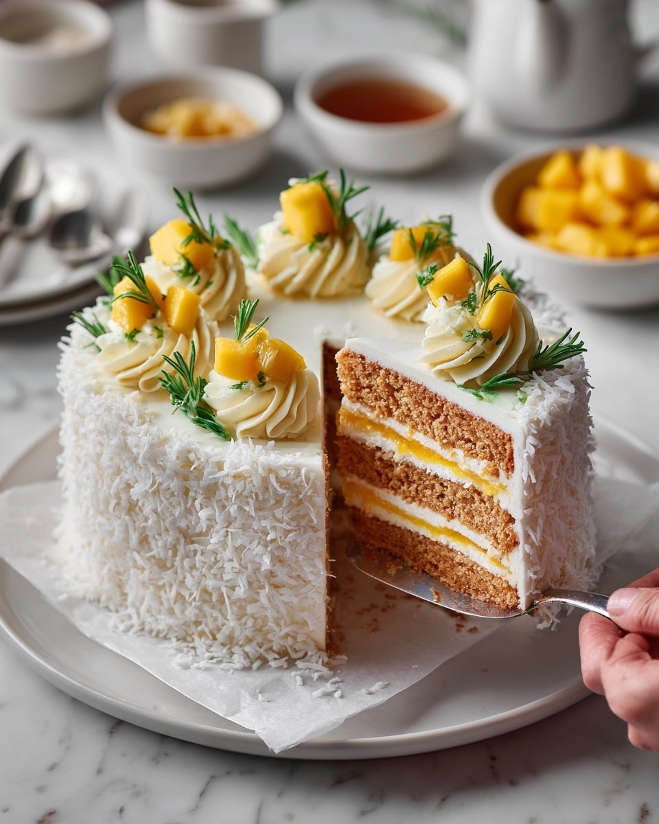 A round cake covered in white shredded coconut sits on a white plate with a piece of parchment paper beneath it, placed on a white marbled surface. The cake has three thick layers of light brown sponge, separated by bright orange mango filling. On top of the cake, there are several swirls of pale yellow cream, each holding cubes of fresh mango and small green rosemary sprigs. A woman's hand is lifting a slice of the cake with a metal cake server, showing the inside layers clearly. In the background, there are small bowls and plates with mango cubes and a teapot. Photo taken with an iphone --ar 4:5 --v 7