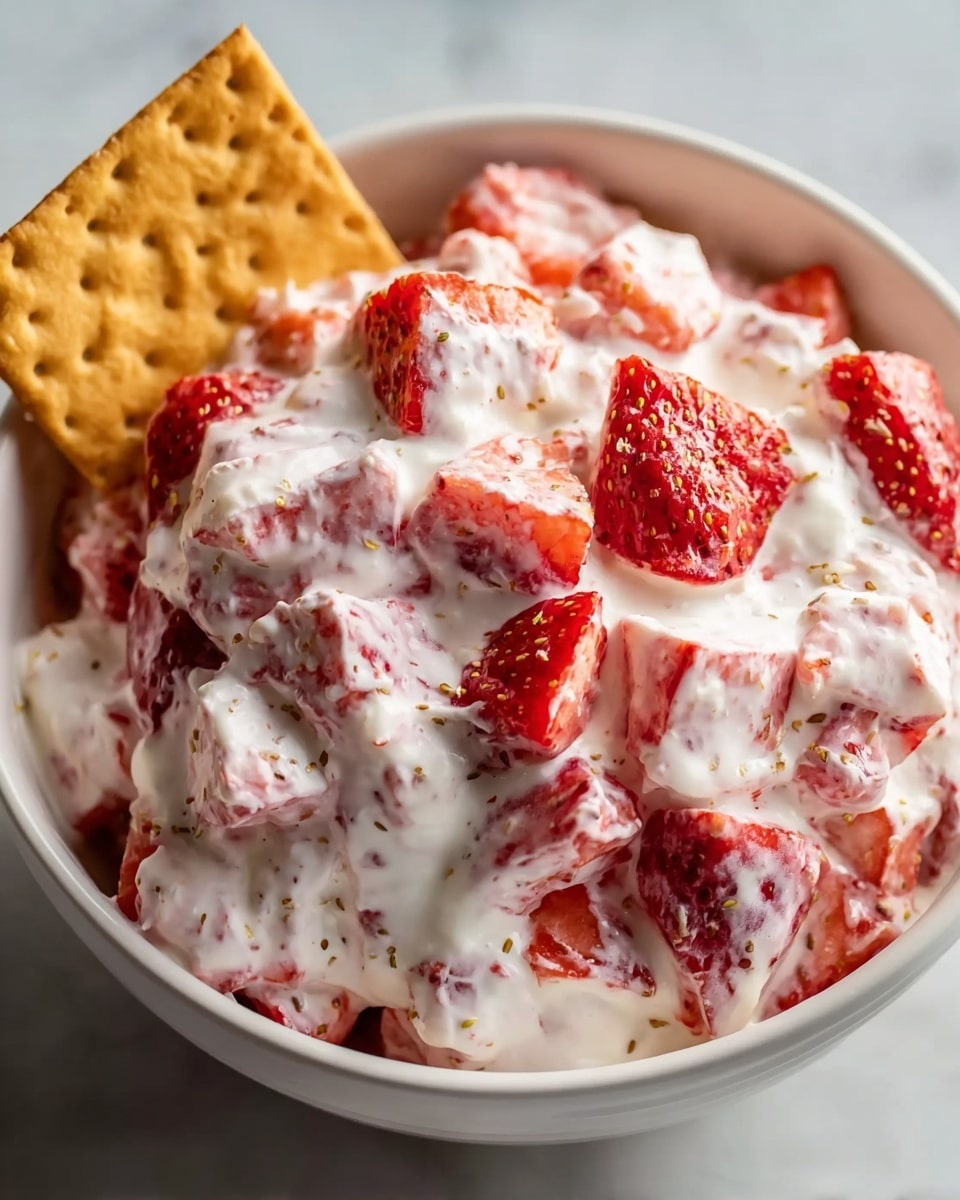 A white bowl filled with a creamy mixture containing many bright red strawberry chunks coated in a thick, white whipped cream with small specks of seeds sprinkled throughout; the strawberries are mixed evenly, creating a textured look, and a square golden cracker is partially stuck in the mixture on the left side of the bowl, all placed on a white marbled surface. photo taken with an iphone --ar 4:5 --v 7