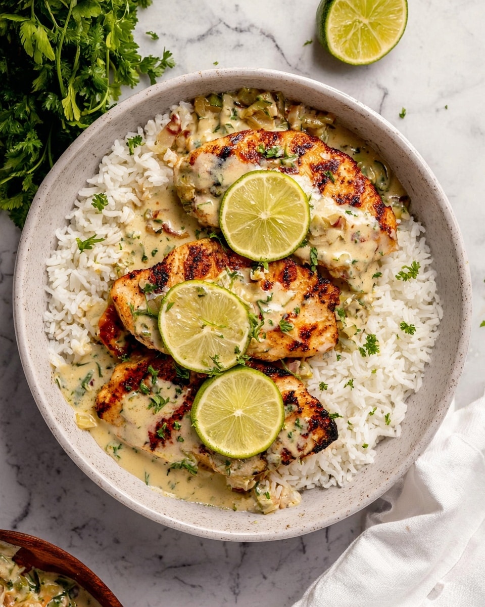 In a black skillet, four pieces of golden brown chicken breasts lie in a creamy white sauce with visible herbs and small onion slices, garnished with bright green chopped parsley and sprinkled red chili flakes. Each chicken piece is topped with a thin slice of fresh lime, adding a pop of light green. The skillet rests on a white marbled surface, with two small white dishes nearby—the top dish containing plain white rice and the bottom one filled with red chili flakes. The scene is bright and inviting, showing the rich texture of the creamy sauce and the juicy browned chicken. photo taken with an iphone --ar 4:5 --v 7