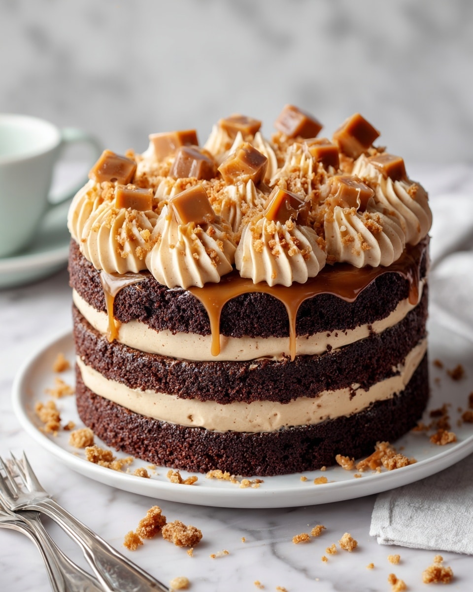 A two-layer dark chocolate cake sits on a white plate with smooth edges, placed on a white marbled surface. Between the two thick cake layers, there is a layer of creamy light brown frosting piped in small swirls, evenly spread around the cake. The top of the cake is decorated with more light brown frosting swirls covering the whole surface, topped with small cubes of caramel and drizzles of shiny caramel sauce that slightly drip down the sides. Crumbs and caramel pieces are scattered lightly around the plate, and two silver forks lie nearby on the white marbled surface. Photo taken with an iphone --ar 4:5 --v 7