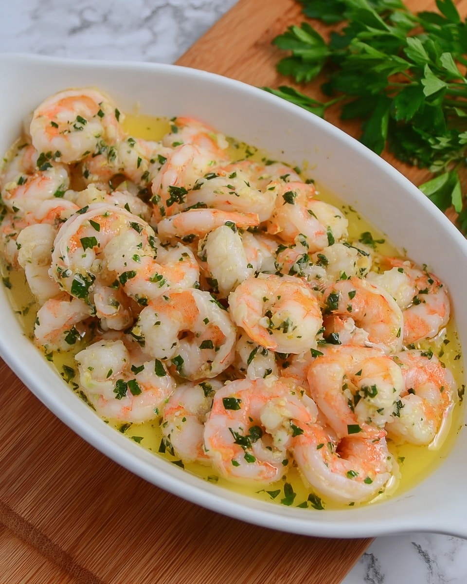 The dish shows a white oval bowl filled with a single layer of pink and white cooked shrimp mixed in a light yellow garlic butter sauce. Small pieces of chopped green herbs are spread evenly over the shrimp, adding a fresh touch. The shrimp look plump with a slightly glossy texture from the sauce. The bowl is placed on a wooden cutting board, and some fresh green herbs are visible in the top right corner. The surface beneath everything is a white marbled texture. photo taken with an iphone --ar 4:5 --v 7