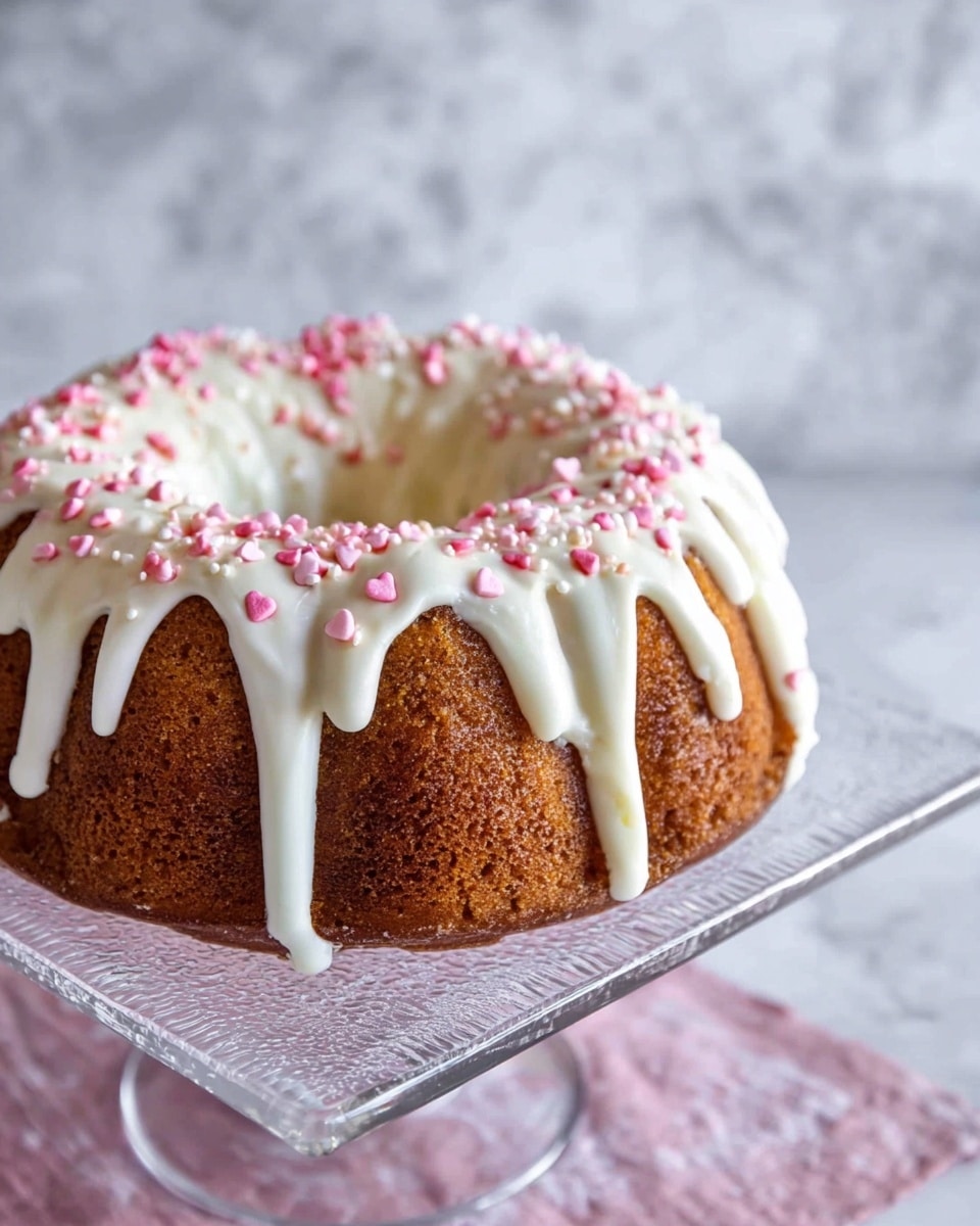 A round bundt cake with a brown base sits on a clear glass square stand. The cake is covered with a thick layer of white icing that drips down the sides in soft waves. Small pink heart-shaped sprinkles are spread evenly on top of the icing, adding a touch of color. The background features a white marbled texture, making the cake stand out clearly. photo taken with an iphone --ar 4:5 --v 7