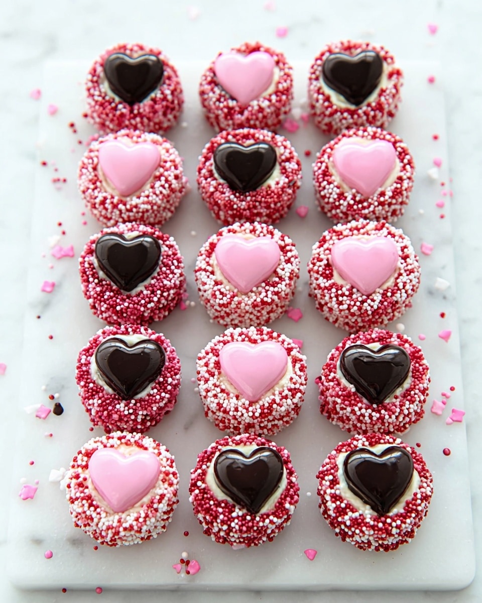 Fifteen small round treats are arranged on a white cutting board with a white marbled texture under it. Each treat has three visible layers: a base layer covered in dense, tiny red, white, and pink round sprinkles; a middle layer of white or light pink cream showing slightly beneath the sprinkles; and a top layer featuring a smooth heart-shaped candy in the center. The hearts alternate between glossy pink and shiny dark chocolate colors. Small sprinkles are scattered around the treats on the board, adding a playful touch. Photo taken with an iphone --ar 4:5 --v 7