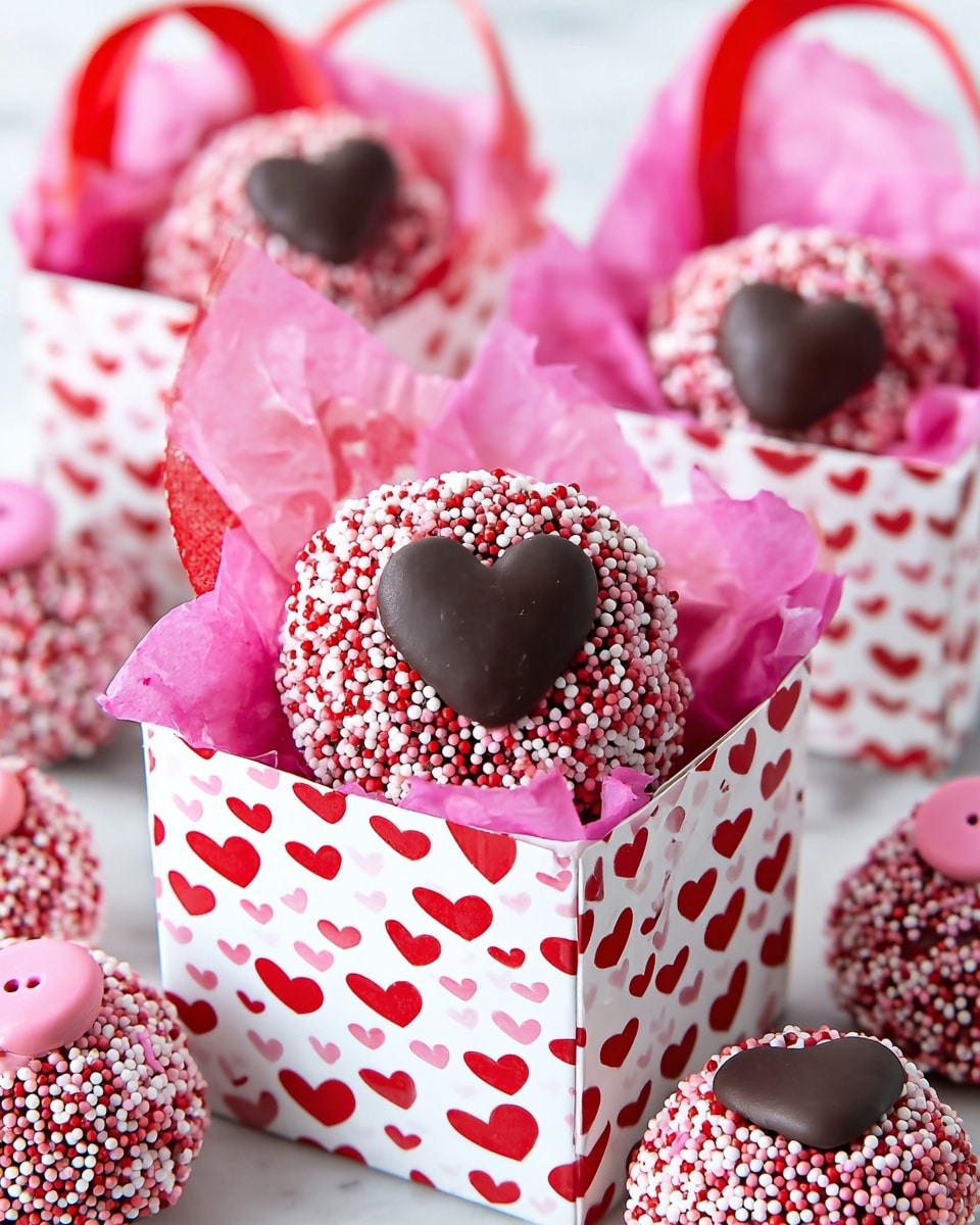 The image shows several round treats covered in tiny round sprinkles in shades of pink, red, and white. Each treat has a dark chocolate heart placed on top, centered and slightly raised. The treats are inside white boxes decorated with a repeating pattern of red hearts. Pink tissue paper peeks out from the top edges of the boxes, adding a soft texture contrast. The background has a white marbled texture and two boxes with red ribbon handles are blurred in the back. In the front, close-up, you see more treats, some topped with pink chocolate buttons instead of hearts. Photo taken with an iphone --ar 4:5 --v 7