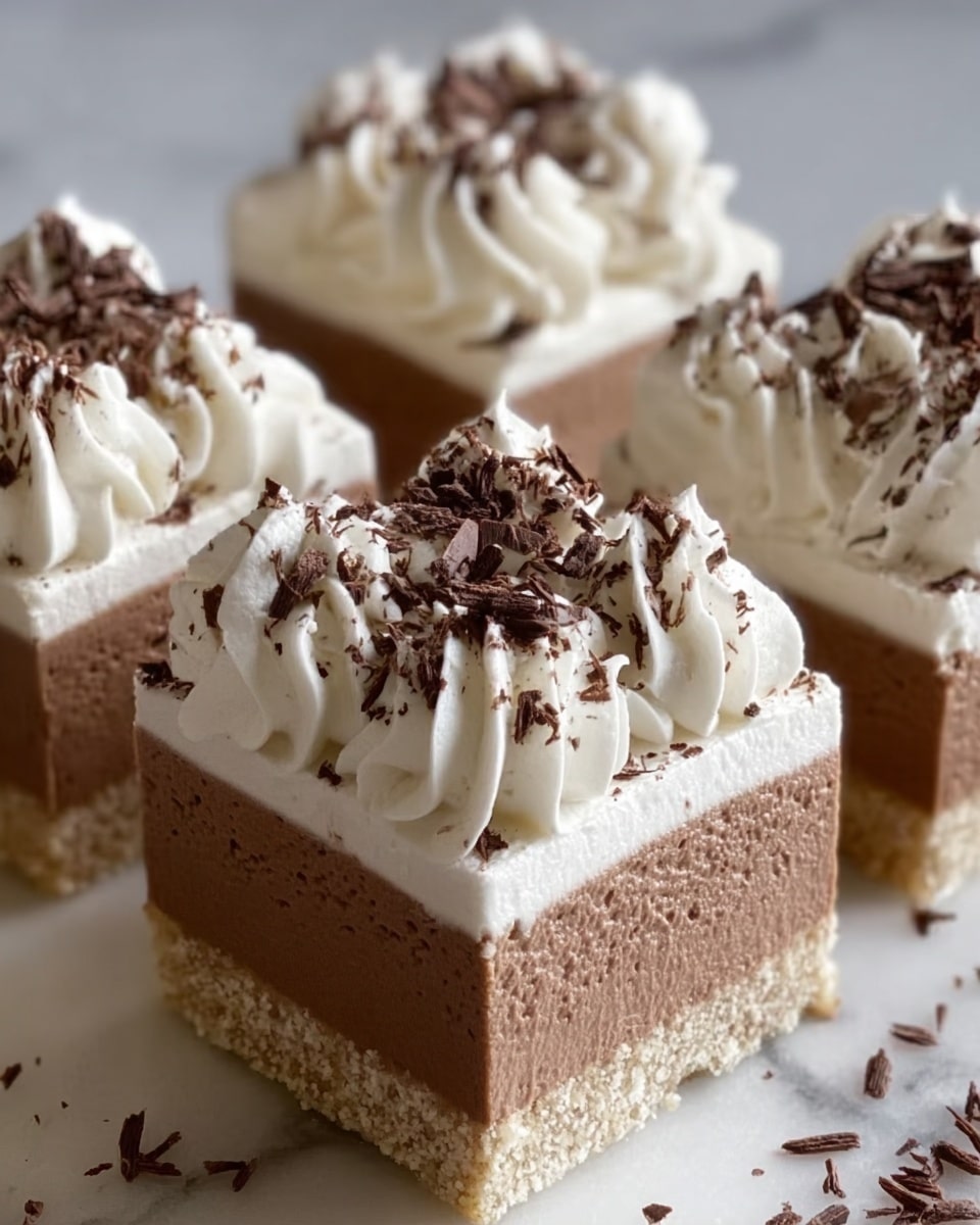 The image shows four square dessert pieces on a white marbled surface. Each piece has three clear layers: a light beige crumbly base at the bottom, a thick middle layer of smooth, light brown mousse, and a top layer of white whipped cream arranged in swirls. The whipped cream is sprinkled with dark chocolate shavings, adding contrast and texture. Photo taken with an iphone --ar 4:5 --v 7