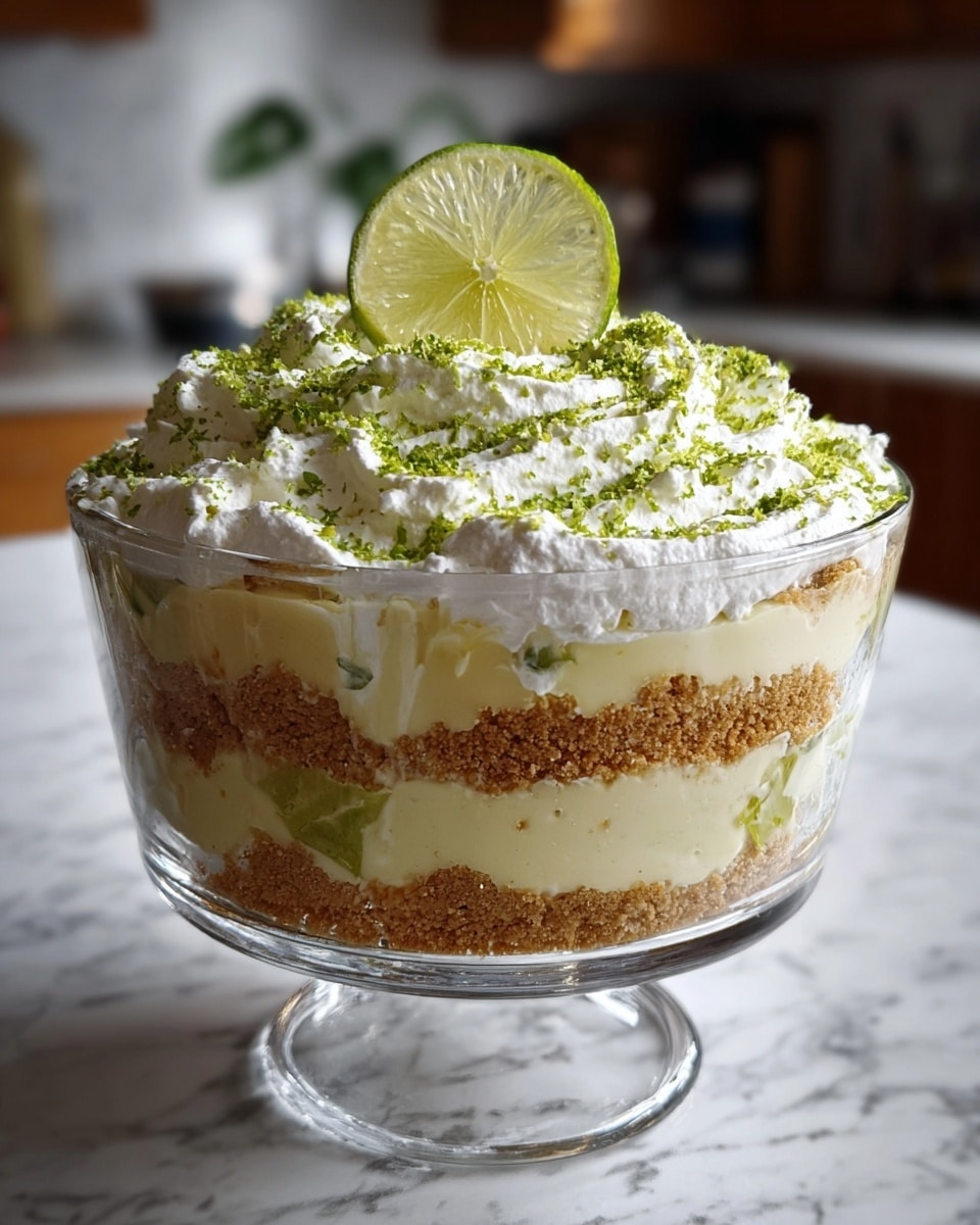 A clear glass dessert bowl shows a layered lime trifle with four distinct layers: the bottom layer is a coarse light brown crumbly crust, followed by a creamy pale yellow lime custard with tiny pieces of lime zest mixed in, then another thin layer of the crumbly crust, and finally a thick layer of fluffy white whipped cream on top, sprinkled generously with bright green lime zest. A fresh lime slice stands upright in the center of the whipped cream, adding a vibrant touch. The bowl is set on a white marbled surface with a softly blurred kitchen background, photo taken with an iphone --ar 4:5 --v 7