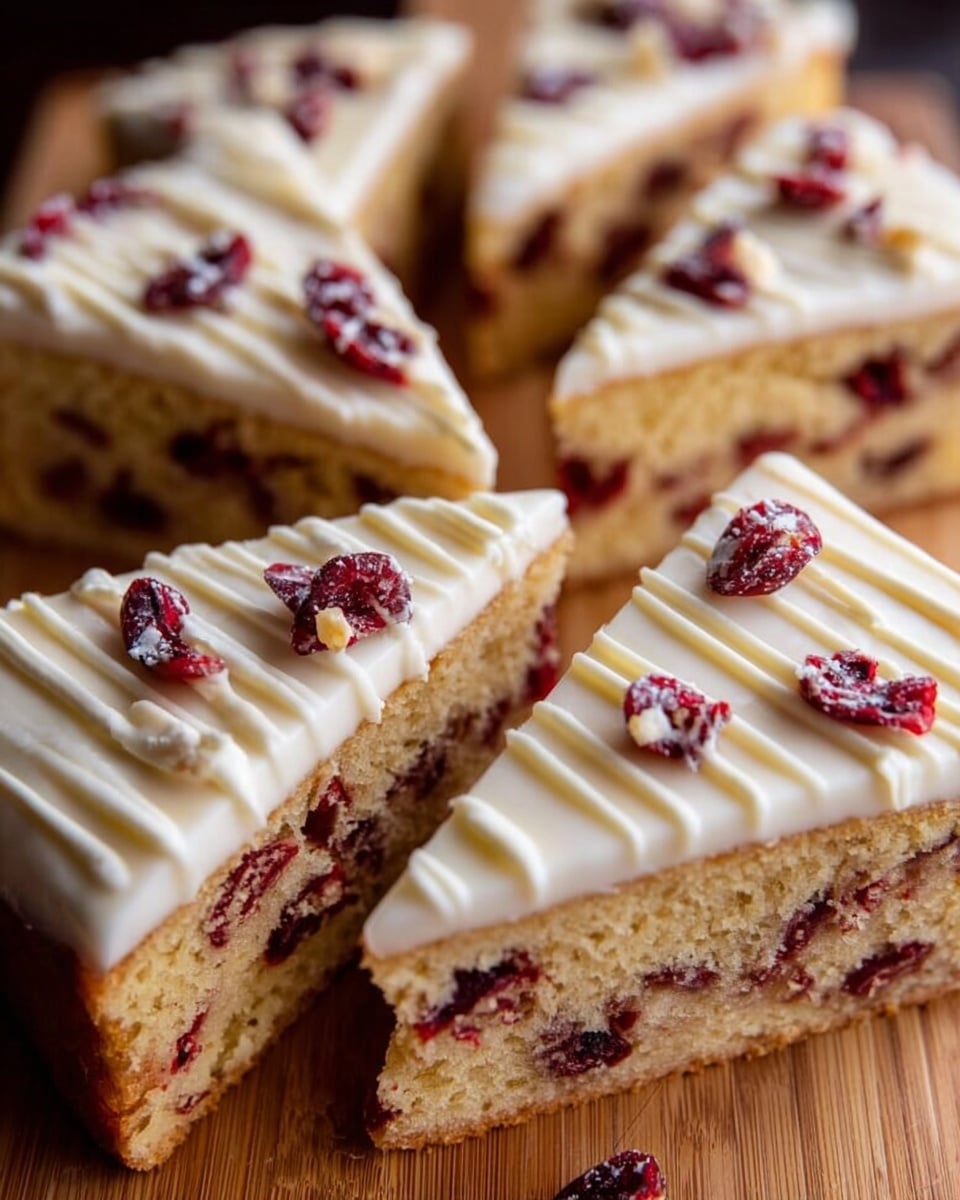 The image shows several triangular slices of a creamy white frosted cake on a wooden surface. Each slice has two visible layers: a thick bottom layer of light golden-brown cake filled with dried red cranberries, and a top layer of smooth white frosting evenly spread. The frosting is decorated with thin white drizzle lines and small pieces of dried red cranberries scattered on top. The cake slices are arranged close together, highlighting the soft texture and the contrast between the creamy frosting and the fruit-studded cake. photo taken with an iphone --ar 4:5 --v 7