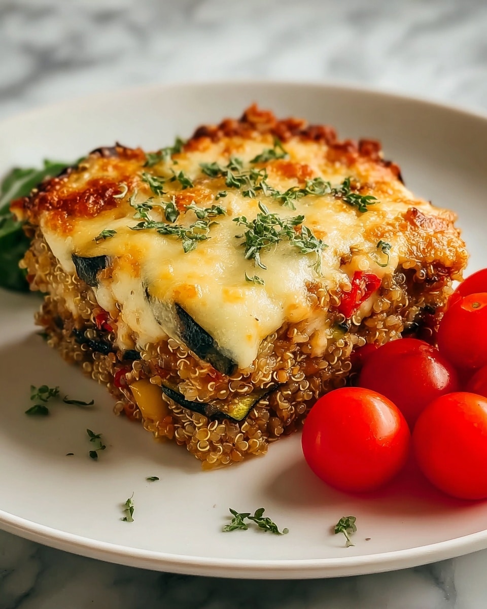 A white plate holds a layered quinoa casserole with three main layers: the bottom layer is loose, light beige quinoa mixed with small pieces of dark green zucchini and bits of red pepper; the middle layer is a more compact mix of quinoa and vegetables; the top layer is melted, golden-brown cheese with some bubbly, crispy edges, sprinkled with fresh green herbs. On the side, several bright red cherry tomatoes add a fresh contrast. The plate is set on a white marbled surface. photo taken with an iphone --ar 4:5 --v 7