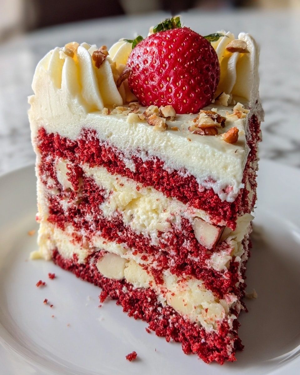 A slice of layered cake sits on a white plate over a white marbled texture surface, featuring three visible layers of red velvet cake interspersed with creamy white frosting mixed with chunks of white chocolate or nuts. The top layer is thickly covered in smooth white frosting with piped swirls around the edge and a single bright red strawberry with detailed seeds resting on top, accompanied by small bits of nut garnish. The cake texture looks moist and soft, with the red and white layers contrasting sharply. Photo taken with an iphone --ar 4:5 --v 7