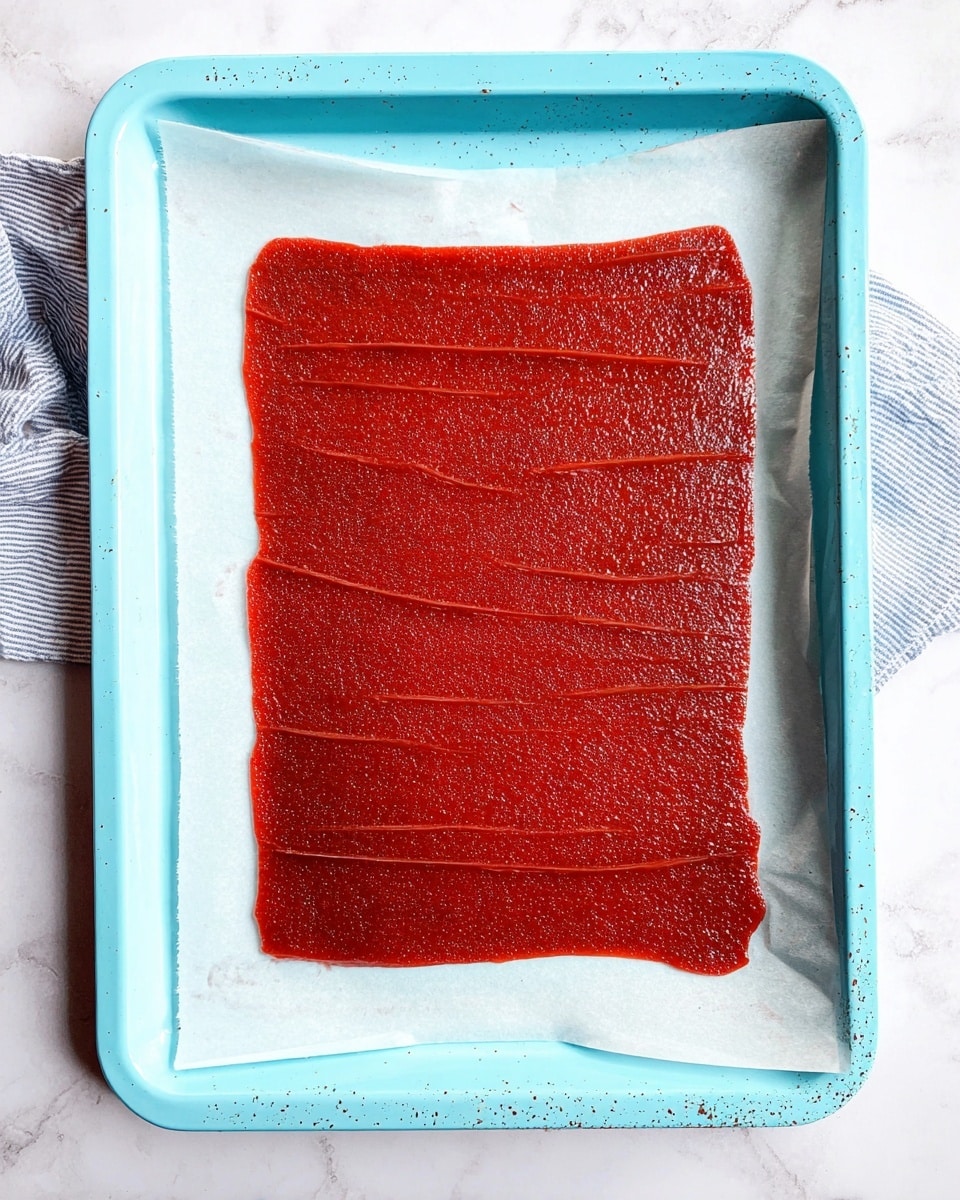This image shows a pyramid-shaped stack of six rolled red fruit leather strips, each with a shiny, slightly textured surface and dark inner spiral. The rolls are placed on a white marbled background with pieces of whole and halved fresh strawberries scattered around them, adding bright red and green touches. The fruit leather looks glossy and slightly sticky, with a rich red color contrasting the fresh strawberries. Photo taken with an iphone --ar 4:5 --v 7