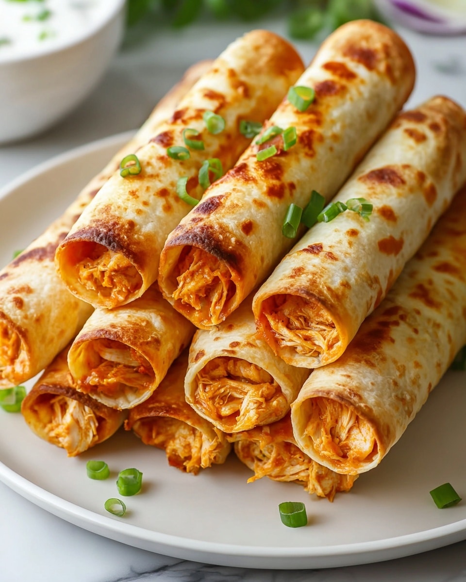 A white plate filled with eight crispy rolled taquitos arranged in two rows. Each taquito has a golden-brown, lightly toasted exterior showing a slightly uneven texture with brown spots, and visible shredded chicken mixed with a reddish-orange sauce peeks out from the open ends. Small pieces of chopped green onions are scattered on top of the taquitos. The plate sits on a white marbled surface, and a blurred bowl with white sauce is in the background. photo taken with an iphone --ar 4:5 --v 7