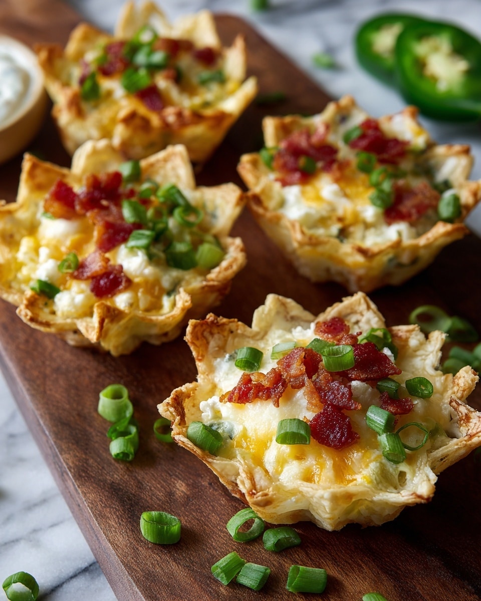 The image shows small, star-shaped tortilla cups filled with multiple layers starting with a base of melted white cheese mixed with bits of yellow cheese, topped with red pieces of bacon, and garnished with bright green chopped scallions. The cups rest on a dark wooden surface with a few fresh green scallions scattered around and a halved green jalapeño pepper filled with creamy white dip visible in the background. The overall look is colorful and textured, with the warm tones of cheese and bacon contrasting with the fresh green toppings, all placed on a white marbled background. Photo taken with an iphone --ar 4:5 --v 7