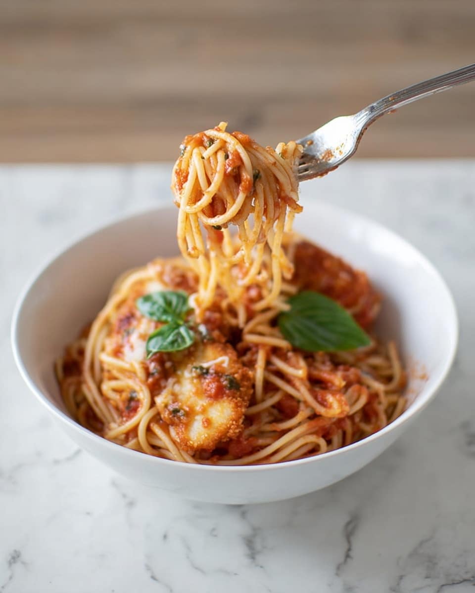 A white bowl filled with spaghetti noodles coated in red tomato sauce, with a piece of breaded chicken breast partially visible at the back, topped with two fresh green basil leaves; a fork is lifting a small twisted bundle of spaghetti above the bowl, showing the sauce dripping slightly; all sitting on a white marbled surface. photo taken with an iphone --ar 4:5 --v 7