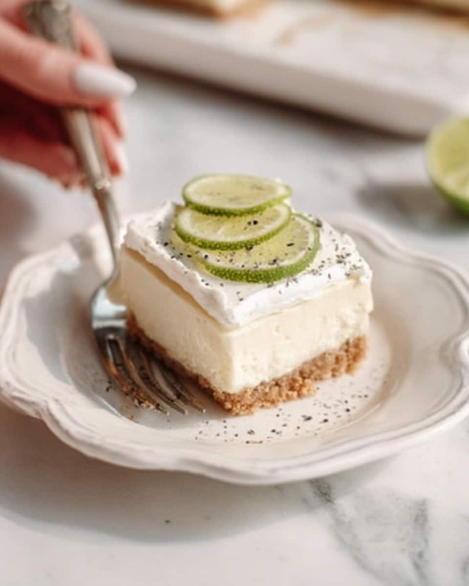 The image shows a close-up view of a slice of key lime pie with three visible layers: a crumbly golden-brown crust at the bottom, a smooth pale yellow lime filling in the middle, and a thick white whipped topping sprinkled lightly with bits of green lime zest on top. The pie slice rests on brown parchment paper with blurred lime slices in the foreground, and the background has a white marbled texture. The slice looks fresh and cleanly cut, highlighting the distinct layers and texture contrasts. Photo taken with an iphone --ar 4:5 --v 7