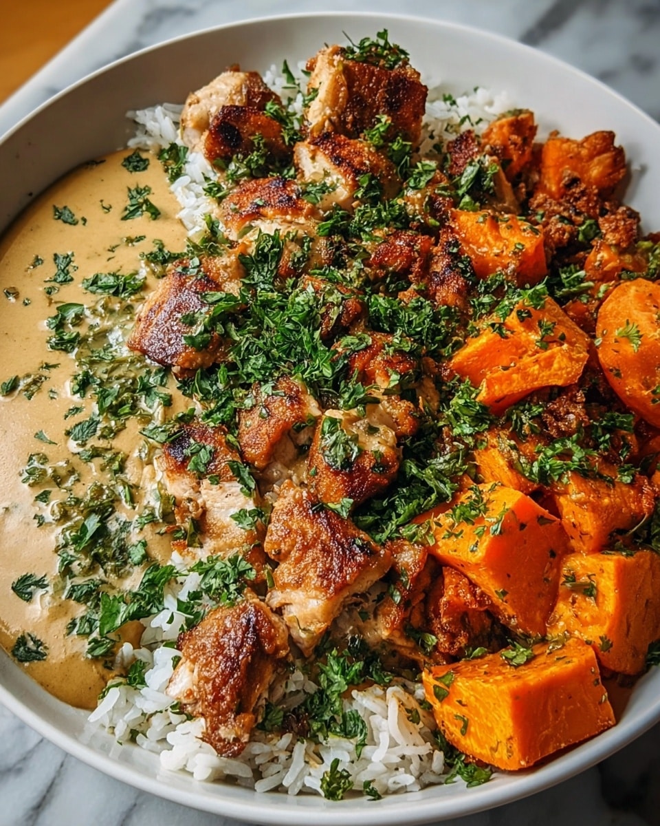 A white bowl filled with a dish showing three main layers: the bottom layer is plain white rice; on top of the rice, there is a light brown creamy sauce spread across the left side, sprinkled with finely chopped fresh green herbs; the middle layer consists of grilled chicken pieces with a crispy golden-brown surface, scattered over the rice and sauce; on the right side of the bowl are large chunks of roasted sweet potatoes with a bright orange color and slight browning on the edges; all components are garnished with extra chopped green herbs, making the dish look fresh and vibrant, placed on a white marbled surface. photo taken with an iphone --ar 4:5 --v 7