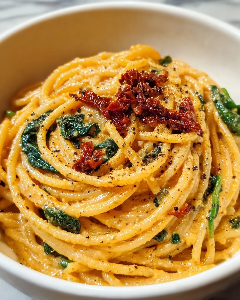 A white bowl filled with a close-up view of spaghetti coated in a smooth, creamy orange-yellow sauce. The spaghetti strands are twisted neatly in layers, with visible dark green spinach leaves scattered throughout. Small pieces of crispy, dark red sun-dried tomatoes are spread on top, along with a sprinkling of coarse black pepper, adding texture and contrast. The background features a white marbled texture, highlighting the colorful dish. photo taken with an iphone --ar 4:5 --v 7