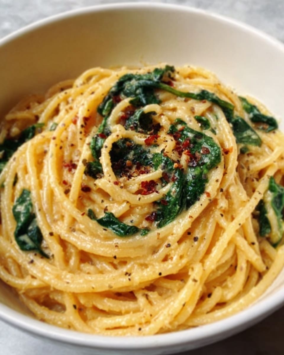 A close-up of a white bowl with creamy spaghetti coated in a light yellow sauce, topped with wilted green spinach leaves and small bits of red seasoning scattered on top. The spaghetti strands are mixed evenly, showing a smooth texture with some black pepper specks throughout. The bowl sits on a white marbled texture surface. Photo taken with an iphone --ar 4:5 --v 7