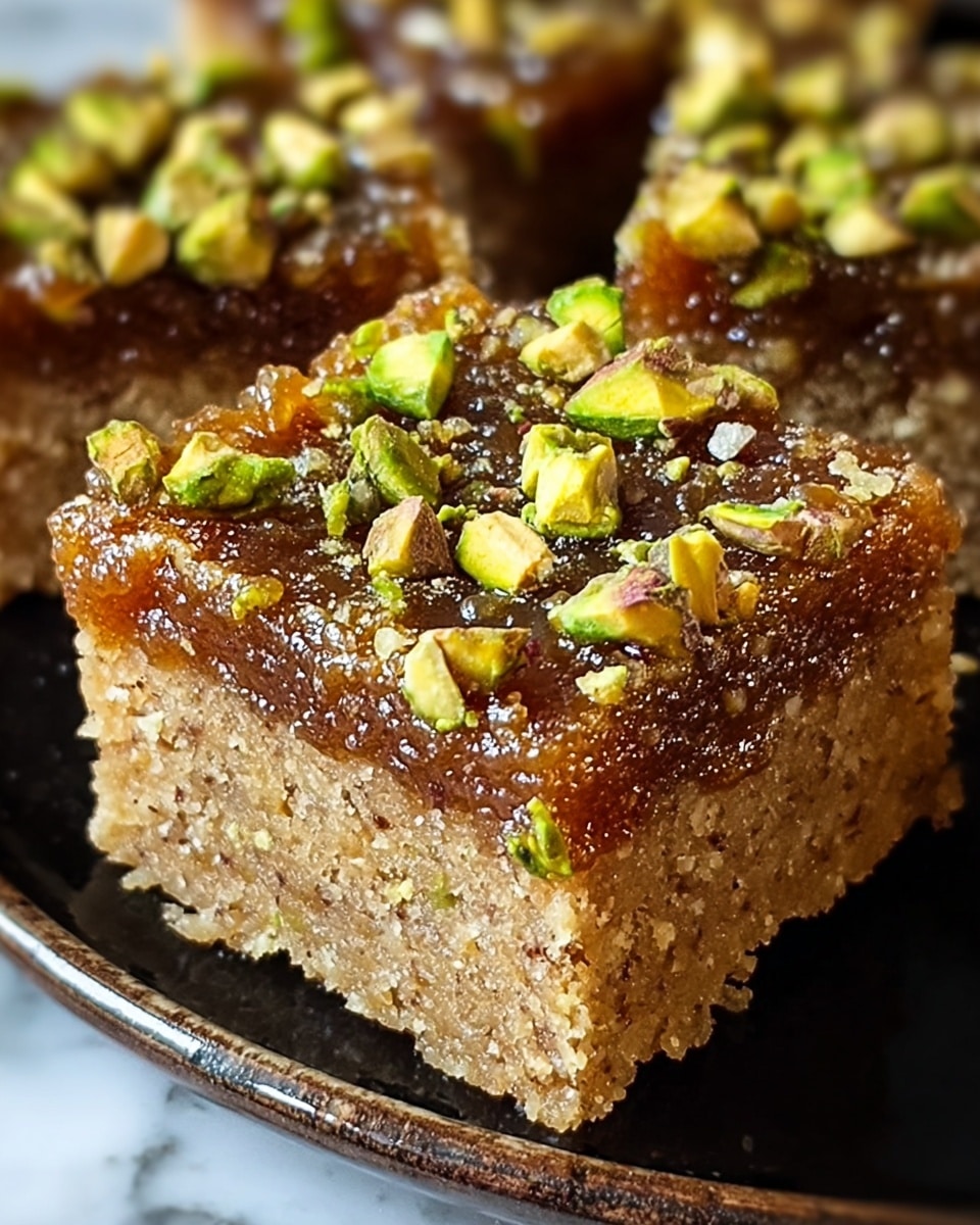 The image shows a close-up of a square slice of a dessert bar with two distinct layers. The bottom layer is dense and light brown with a grainy texture, dotted with small green bits likely pistachios. The top layer is a moist, slightly sticky caramel-brown glaze sprinkled with larger pieces of chopped green pistachios that add a fresh contrast. The square rests on a dark plate against a white marbled textured surface, emphasizing the rich colors and textures of the dessert. photo taken with an iphone --ar 4:5 --v 7
