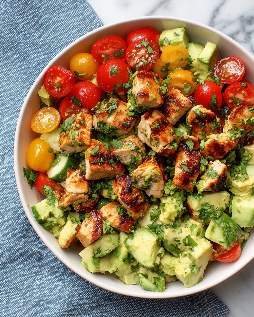 The image shows a white bowl filled with a colorful salad made of grilled chicken pieces with golden brown char marks, cut into bite-size chunks and spread across the bowl. Mixed among the chicken are halved red and yellow cherry tomatoes with shiny, smooth skin, and large cubes of light green avocado, some mashed slightly. There are also chunks of pale green cucumber adding freshness, all topped with chopped fresh green herbs scattered evenly on top. The bowl sits on a blue cloth on a white marbled surface, giving a clean and fresh look. photo taken with an iphone --ar 4:5 --v 7