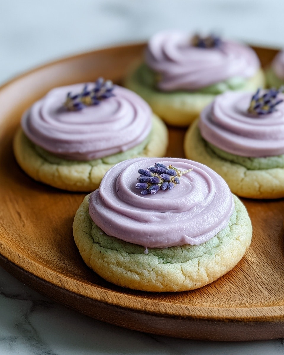 The image shows five round cookies arranged on a wooden plate. Each cookie has a pale green base that looks soft and slightly cracked, topped with a smooth layer of light purple frosting that is swirled gently with a slight peak in the center. On top of the frosting, there is a small lavender flower placed neatly at the middle of each cookie. The background is a white marbled texture, creating a clean and bright setting for the cookies. photo taken with an iphone --ar 4:5 --v 7