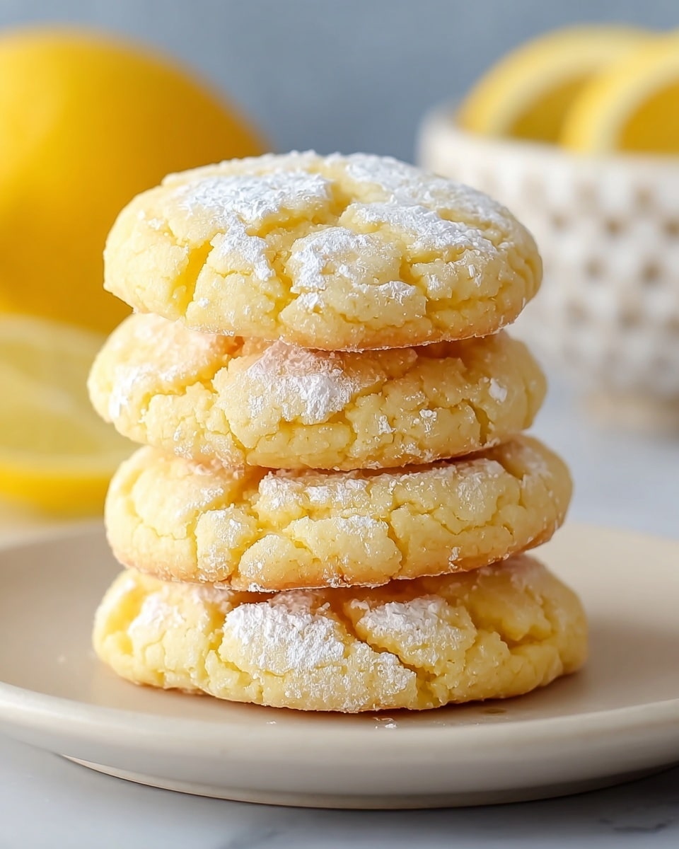 A stack of four soft lemon cookies is shown, each cookie having a cracked surface with light yellow color and a dusting of white powdered sugar on top. The cookies are slightly thick, with a soft and crumbly texture, sitting closely on a white plate with a smooth edge. The background includes blurred slices of lemon and a patterned white bowl on a white marbled texture. photo taken with an iphone --ar 4:5 --v 7