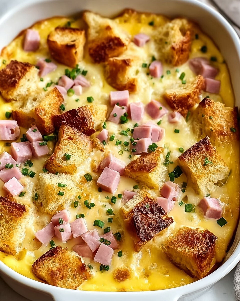 A white baking dish filled with a creamy yellow egg mixture, topped with golden-brown toasted bread cubes and small pink ham cubes scattered evenly across the surface, garnished with small green chopped herbs for a fresh look. The bread cubes are crispy and browned on the edges, slightly raised above the smooth egg base. Photo taken with an iphone --ar 4:5 --v 7