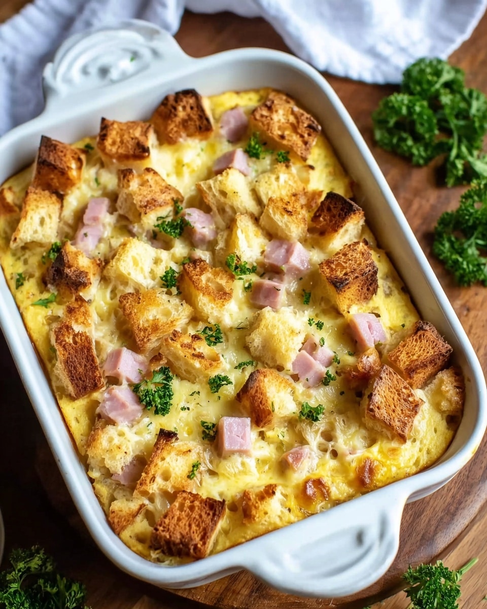 The dish is a baked casserole in a white rectangular ceramic dish with two small handles. It has a golden-yellow creamy base layer topped with small, evenly spaced cubes of toasted bread that are golden brown on the edges. Scattered among the bread cubes are light pink, tender-looking chunks of cooked ham. Small green parsley leaves are sprinkled on top, adding a touch of color and freshness. The casserole appears slightly browned and crispy on top, suggesting it was baked until bubbly and firm. The dish is placed on a wooden surface with some green parsley nearby and a white cloth in the background, all set on a white marbled texture. photo taken with an iphone --ar 4:5 --v 7
